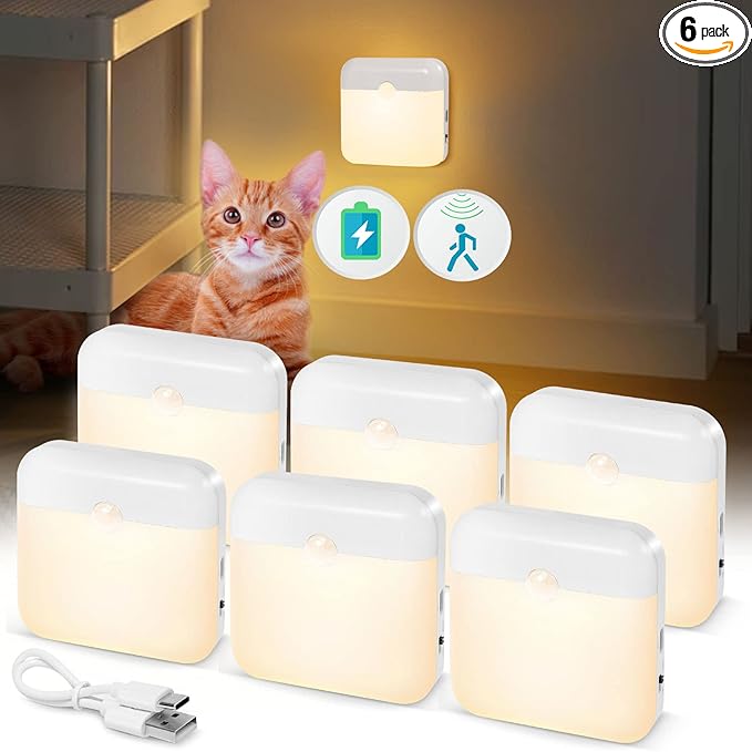 USB Rechargeable Battery Night Light Indoor,Stick-on Motion Sensor Puck Night Lights-No Need Plug Into Wall,Mini Motion Sensor Closet Lights for Stair Hallway Bedroom Toilet Cabinet,6 pcs,Warm White