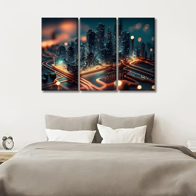 3 Panel Framed Wall Art Smart City on Circuit Board Futuristic Cyberspace Picture Poster for Bedroom Living Room Wall Decoratio,Gallery-Wrapped Ready to Hang 20x40inchx3