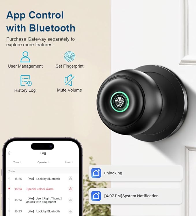Fingerprint Door Lock, Smart Fingerprint Door Knob with Lock, Biometric Door knob with App Control & Key, Keyless Thumbprint Entry Door Lock for Bedroom, Front Door, Home, Apartment Office-Matte Black