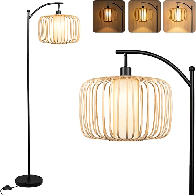 Floor Lamp for Living Room, Dimmable Standing Lamp Tall with Linen Shade Modern Floor Lamps Pull Chain Switch Reading Lamp for Living Room Bedroom Office Dining Room, 9W Bulb Included (Brown)