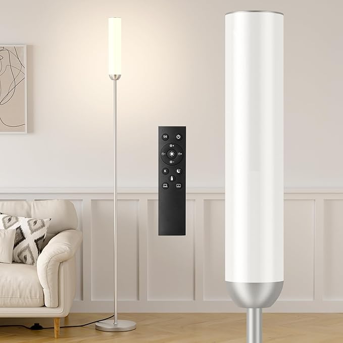 Ambimall LED Floor Lamp with Remote Control, 65" Standing lamp with Stepless Adjustable 3000K-6500K Colors & 30-100% Brightness, Foot Switch(Silver)