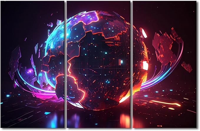 3 Panel Wall Decor Neon Colorful Global World in Cyber Space Pictures Posters, Digital World Wall Art for Living Room Bedroom Decoration, Framed Gallery-Wrapped Ready to Hang, 42" Wx28 H