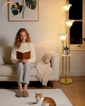 Lightdot Flower Floor Lamp for Living Room, Dimmable Vintage Floor Lamp with Shelf &Bulbs Included, 3 Light 3000K Gold Mid Century Standing Lamp, Floral Tall Lamp for Bedroom/Sofa Beside/Corner Decor