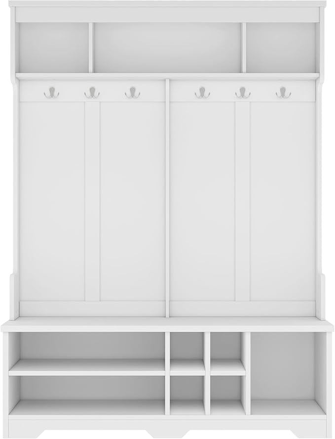 Modern Hall Tree with Metal Hooks and Storage Space, Wood Multi-Functional Entryway Coat Rack with Shoe Cubbies for Hallway Living Room Bedroom (White/r11)
