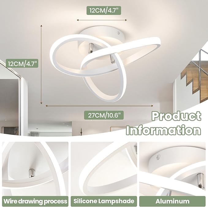 CANEOE Modern Led Ceiling Light Fixtures,4500K Daylight White Semi Flush Mount Hallway Ceiling Light for Bedroom Bathroom Kitchen Balcony Laundry Room Stair Ceiling Lamp Curved Design (White, 4500K)
