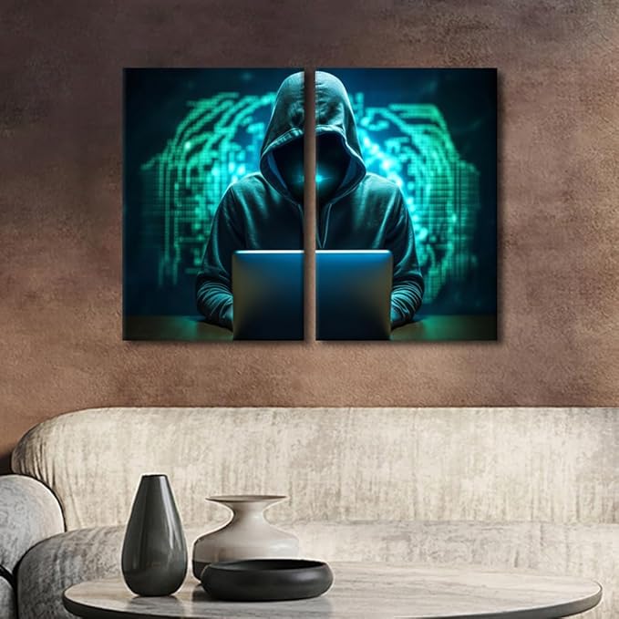 TUMOVO 3 Pieces Hacker Malware Canvas Wall Art Minimalism Prints AI Big Data Wall Decor Home Picture for Bedroom Living Room Elderly Paintings Posters Framed Ready to Hang, 24" Wx16 H