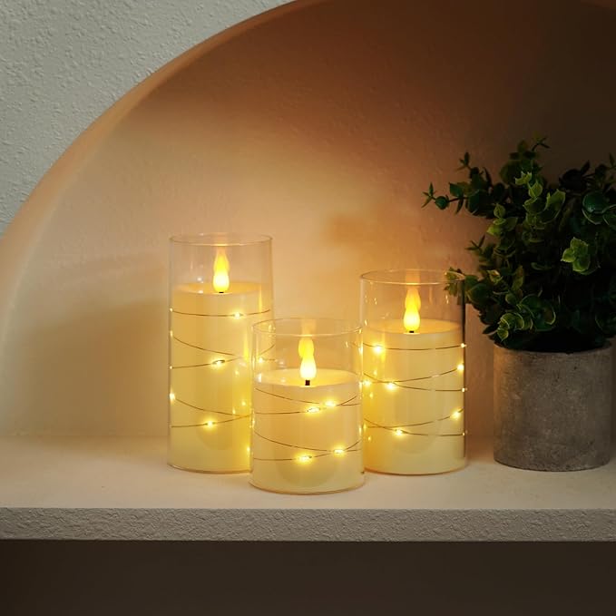 Amagic LED Flameless Candles, Battery Operated Candles with Embedded Fairy Lights, Acrylic Fake Candles with Remote and Timer for Wedding Home Decor, Ivory White, Set of 3, D3 x H4 5" 6"