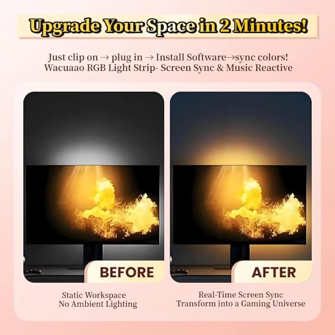24 Inch Monitor Backlight - Reactive LED Strip for PC and Mac - Screen Color and Music Sync Gaming Lights - Software Control Ambient Lighting for Desktop Setup - USB Powered (24 inch)