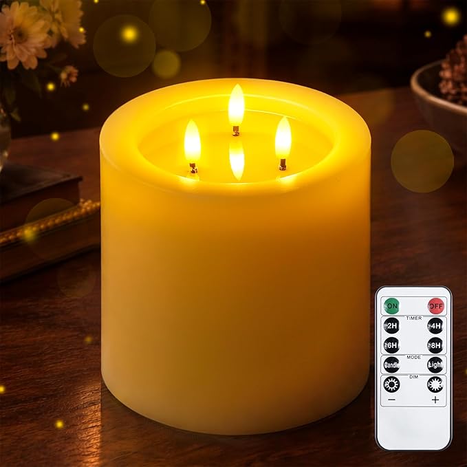 3-Wick 6"x6" Extra Large Real Wax Flameless Pillar Candles with Remote Control and Timer Function, Candle Grease Ivory Battery Operated LED Flickering 3D-Wick (Long Lasting, Warm Fire)
