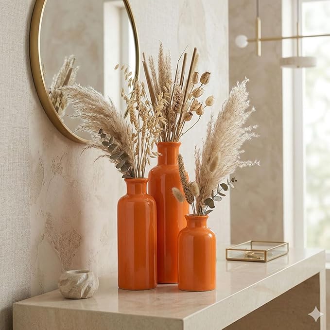 Ceramic Vase Set - 3 Orange Small Vases, Farmhouse Country Flower Vase Home Decor, Living Room Decoration, Table Decoration, Fireplace Decor, and Entrance Decorations Centerpieces