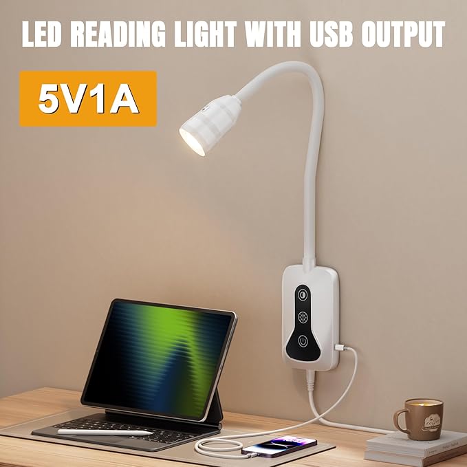 2 Pack Wall Mounted Headboard Reading Light, LED Dimmable Touch Control, Adjustable Neck, Ideal for Bedside, Office, or Reading（White）