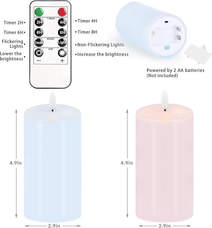 Pastel Flameless Candles, Set of 2 6"x3" Flickering Spring LED Candles with Remote & Timer, Dimmable Real Wax Easter Pillar Candles Battery Operated, Electric Candles for Home Spring Easter Decor