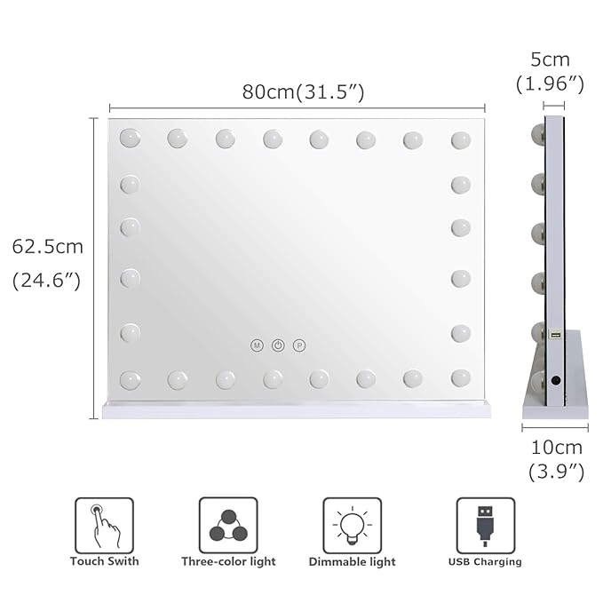 31.5"x 23.6" Vanity Mirror Makeup Mirror with Lights,10X Large Hollywood Lighted Vanity Mirror with 24 Dimmable LED Bulbs,3 Color Modes,Touch Control for Bedroom,Wall-Mounted,White