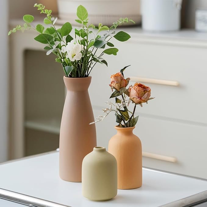 Distressed Ceramic Vase Set of 3, Modern Bohemian Farmhouse Home Decor, Pampas Grass Dried Flowers Vases for Living Room, Dining Room, Bedroom, Kitchen, Bathroom, Office, Entryway (Brown Mix)