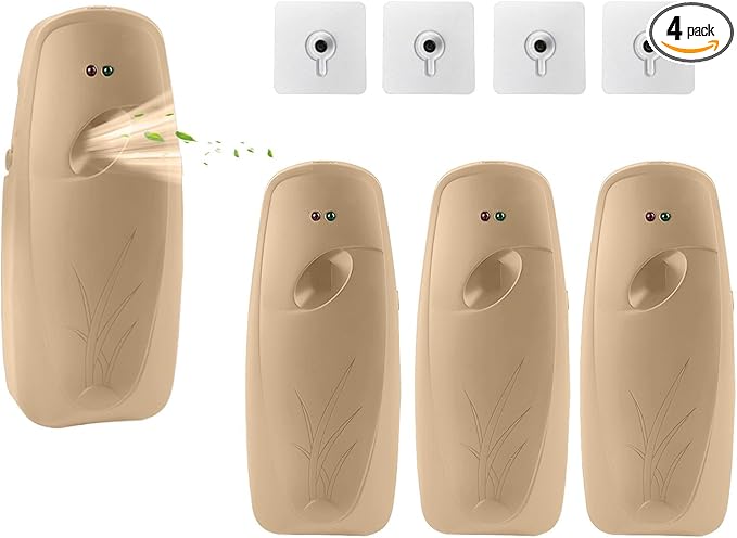 4PCS Automatic Air Freshener Spray Dispenser, Wall Mounted or Free Standing Battery Operated Sprayer for Bathroom Multiple Time Scent Mist Release Settings for Room Restroom Sprayer (Khaki, L)