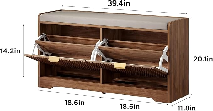 Maupvit 39.4" Fluted Shoe Bench with Storage, Narrow Entryway Bench with Removable Seat Cushion & 2 Flip-Drawers, Shoe Cabinet Bench, Boho Hidden Shoe Rack for Entrance, Hallway, Living Room (Walnut)