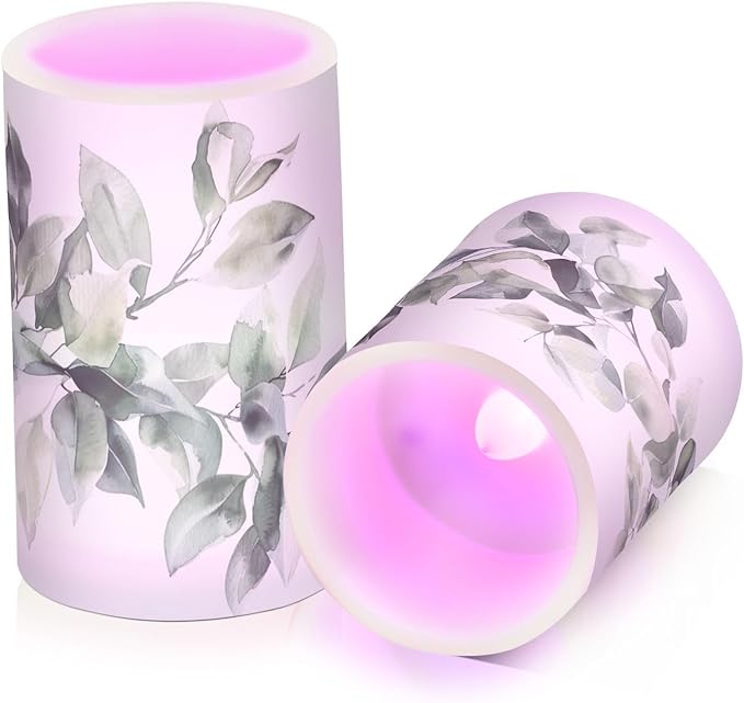 Watercolour Leaf Pattern Flameless Candles Color Changing LED Candles with Remote Control Battery Candles for Outdoor and Indoor Home and Room Decoration, 3'' x 4''/5'' Set of 2 Pieces