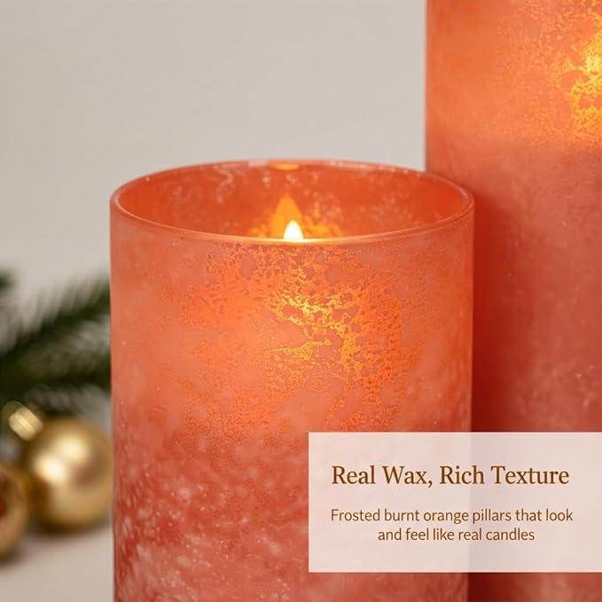 ANGELLOONG Orange Flameless Candles with Remote, Real Wax Battery Operated LED Pillar Candles for Christmas Decorations, Flickering Fake Fall Candles for Wedding Bathroom Kitchen Party Decor