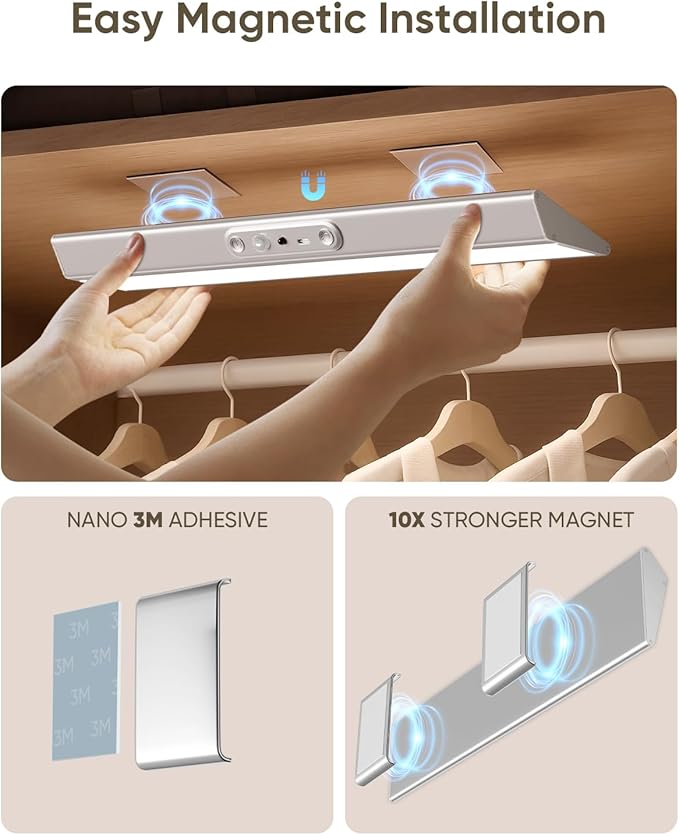 Motion Sensor Closet Lights, Eye Protection Design Cabinet Lighting Wireless with Remote, 3 Color Temps & Dimmable, Magnetic, Rechargeable LED Closet Lighting for Kitchen, Wardrobe, Pantry, 4 Pack