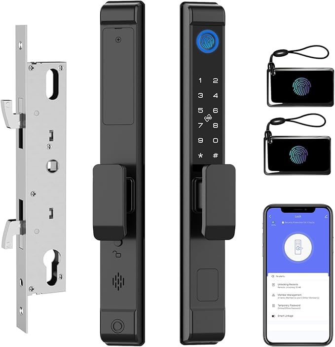 eLinkSmart Slim Keypad Door Lock Built-in WiFi Fingerprint Keyless Entry Mortise Smart Lock for Sliding Patio Glass Door, 2885 Hook Latch, Fits 22–110mm (0.87"-4.33") Door Thickness, Tuya App