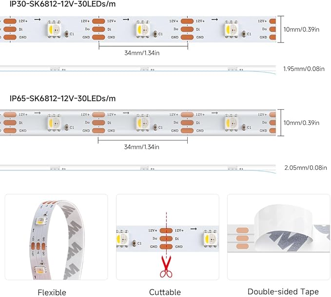 BTF-LIGHTING SK6812(Similar WS2812B) UL Listed RGBW RGB+Warm White(3000K) Individually Addressable DC12V 16.4FT 30LED/m 4 Colors in 1 Light Dream LED Strip IP30 White PCB(No Adapter or Controller)