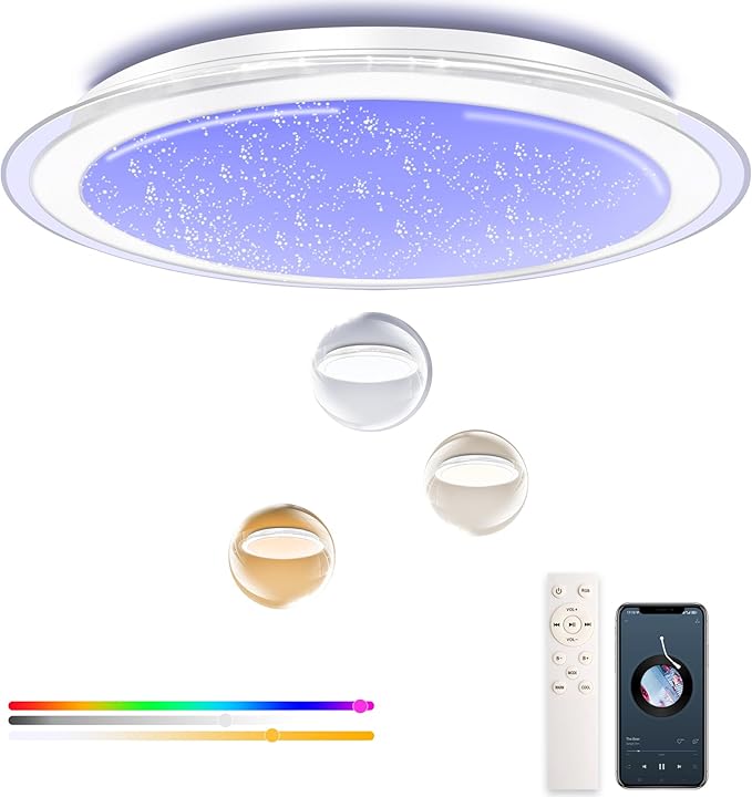 Dimmable Round LED Ceiling Light Flush Mount 17 Inch 50W Built-in Bluetooth Speaker Modern Lighting Fixtures RGB Ambient Ceiling Lamp Suitable for Bedrooms Kitchen Kids' Rooms and More