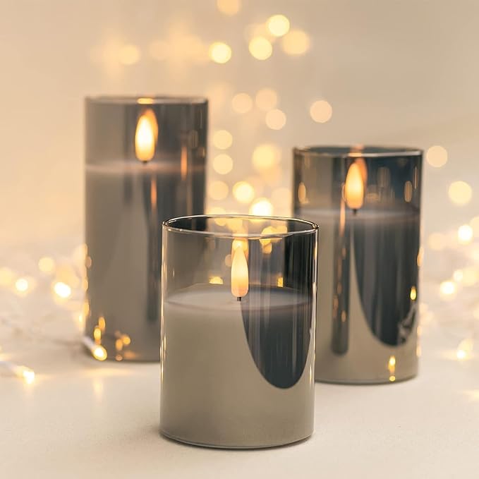 Grey Glass Flameless Candles with Timer - Battery Operated Candles with 10-Key Remote, Real Wax LED Flickering Pillar Candles for Home Decoration, D3 H 4" 5" 6", Set of 3