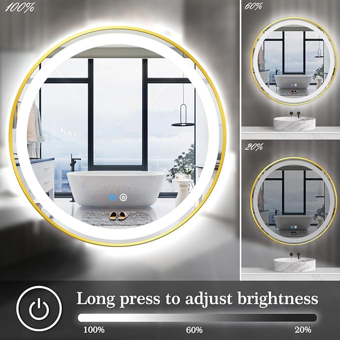 32 inches Round Gold Frame LED Bathroom Mirror, Wall Mount Home Mirror with 3 Color Dimmable Lights, Anti-Fog Smart Touch Sensor Mirror