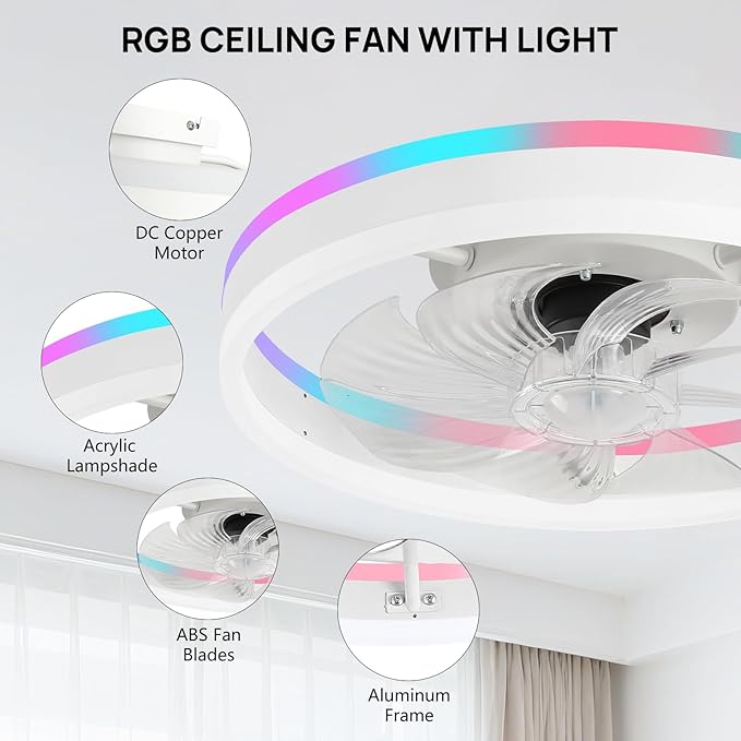 RGB Ceiling Fans with Lights, 16" Fandelier Low Profile Ceiling Fan with Light, Modern Flush Mount Ceiling Fan Light with Remote/APP Control, Bedroom Chandelier Fan Fixture for Indoor(White)