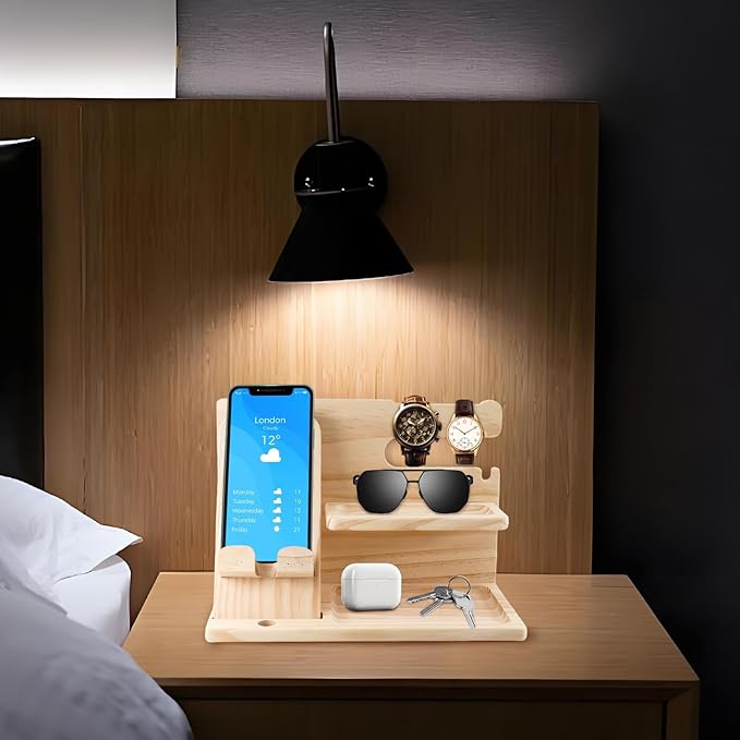 Nightstand Organizer for Men Night Stand Organizers Men Bedside Organizer Phone Holder Wood Phone Docking Station Wood Desk Organizer Mens Birthday Souvenir Ideas(Beige)