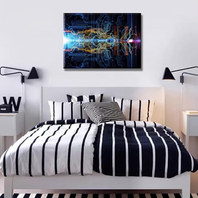 1 Panel Wall Decorations CPU Concept Wall Pictures for Living Room Computer Chip Canvas Wall Art Abstract Technological Background Picture Prints on Canvas Wall Art Framed Ready to Hang 20X28 INCH