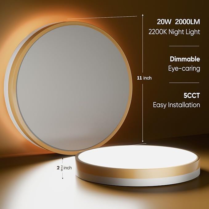 11 Inch Flush Mount Ceiling Light with Remote Control & Night Light, 5CCT Dimmable Ceiling Light Fixture, 20W 2000LM 2700K-6500K Adjustable LED Ceiling Lights for Bedroom Kitchen, White Gold