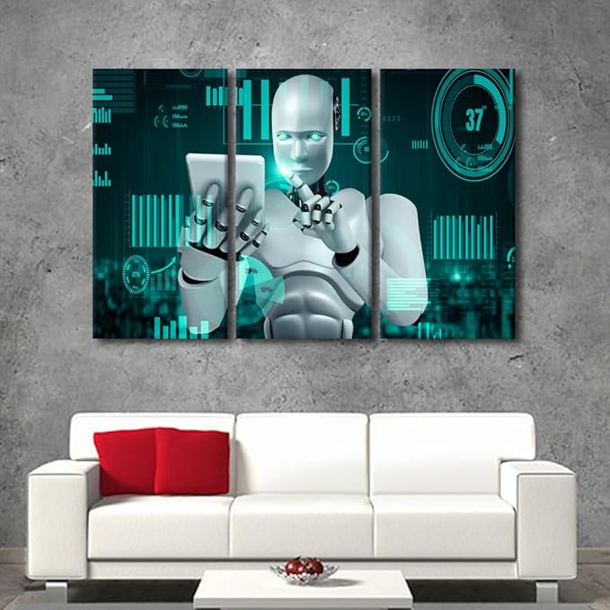 3 Panels Big Data Analysis Wall Art - AI Intelligence Pictures Canvas Print Robot Canvas Painting Framed Art Prints Home Office Wall Decor Giclee Gallery-wrapped Ready to Hang, 60" Wx40 H