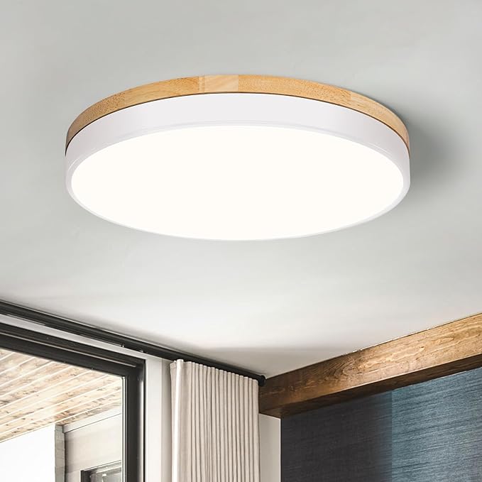 Modern Wood White Flush Mount Ceiling Light, 11.81" Round LED Low Profile Close to Ceiling Fixture for Kitchen Bedroom Bathroom Laundry Hallway Entryway Closet Living Room