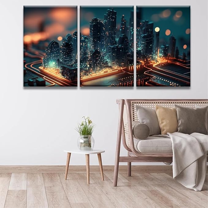 LSIUHWUWI Wall Art for Living Room 3 Panel Smart City on Circuit Board Pictures Posters Contemporary Wall Decor for Home Office Hotel Wall Wooden Framed Ready to Hang 16x24inchx3