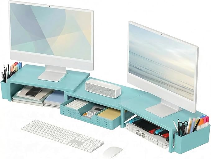 OPNICE Desk Organizers and Accessories, Dual Monitor Stand Riser with Drawer and 2 Pen Holders, Desk Shelf Metal Computer Monitor Stand for Office Workspace Organizers, Desktop Organization (Blue Metal)
