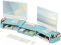 OPNICE Desk Organizers and Accessories, Dual Monitor Stand Riser with Drawer and 2 Pen Holders, Desk Shelf Metal Computer Monitor Stand for Office Workspace Organizers, Desktop Organization (Blue Metal)