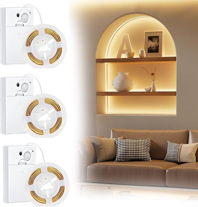 EJ's SUPER CAR Battery Operated Motion Sensor Cabinet Strip Lights, 3 Pack 4.92FT 3000K Counter Closet Strip Light, Motion & Night Sensor Safe Tape Light for Stairs Wardrobe Kitchen (Warm White)