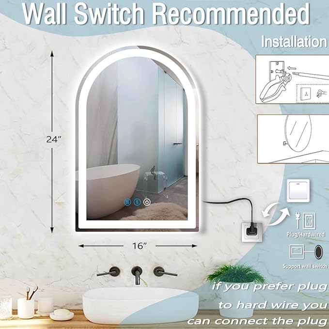 LED Arch Mirror with Lights 16 x 24 Inch Arched Lighted Mirror for Bathroom Makeup Table Wall Arch Vanity Mirror with Light Smart Memory 3 Color Dimmable AntiFog LED Arched Mirrors