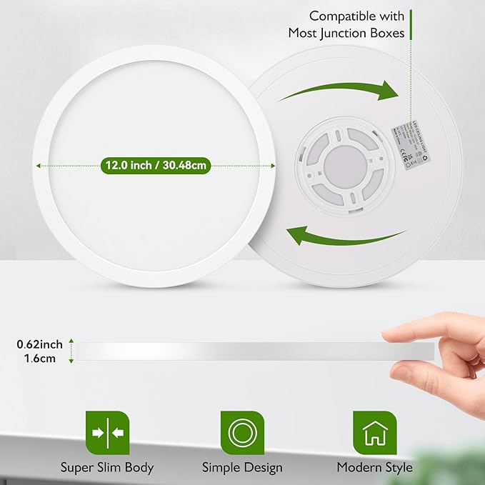 12Inch LED Flush Mount Ceiling Light Fixture, 28W 3200Lm Dimmable Modern Recessed Ceiling Lamp, 5000K Daylight White Round Low Profile Ceiling Light for Kitchen Closet Bedroom Hallway Laundry, 6-Pack
