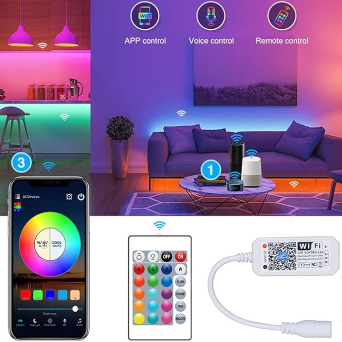 WiFi Wireless RGB LED Smart Controller Working with Android iOS System Mobile Phone App for 5050 3528 LED Light Strip, Fits Alexa,Google Home,IFTTT (RGB)