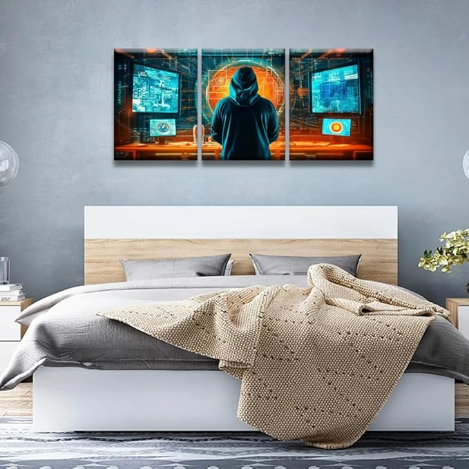 Bedroom Wall Decor 3 Panel Anonymous Hacker Standing in Server Room Print on Canvas for Living Room Bedrooms Wall Decorations, Wooden Framed Gallery-Wrapped Ready to Hang 12x16inchx3