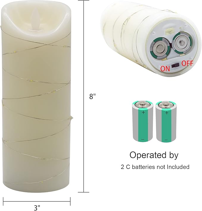 DRomance Large Flameless Pillar Candle String Light with 10-Key Remote and Timer, 2 C Batteries Operated Moving Wick Dancing Flame Real Wax LED Pillar Candle Holiday Season Decor(3 x 8 Inch)