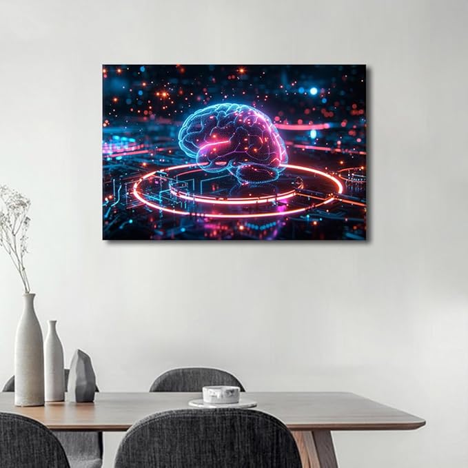 Modern Science and Technology Pictures for Living Room Digital Brain Canvas Wall Art for Bedroom Artwork for Room House Decor Wall Modern Posters and Prints Framed Ready to Hang 16"Wx24"Hx1 Panel