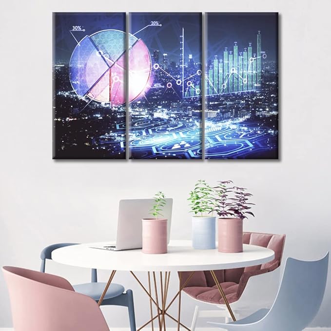3 Panels Business and Financial Concept Wall Decor for Living Room, Bedroom, Bathroom, Office. Cityscape at Night Background Financial Graph Modern Artwork House Decor Ready to Hang (36"Wx24"H)