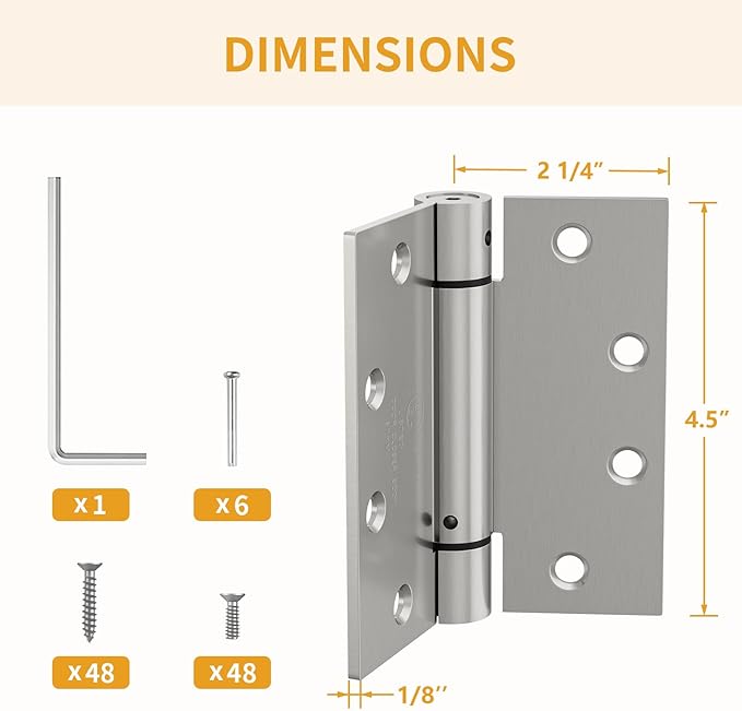 6 Pack Self Closing Door Hinges, 4.5" x 4.5" Spring Loaded Hinges with Square Corners, Adjustable Tension for Garage, Front Door, Back Door, for Left and Right Hand Door, UL Listed