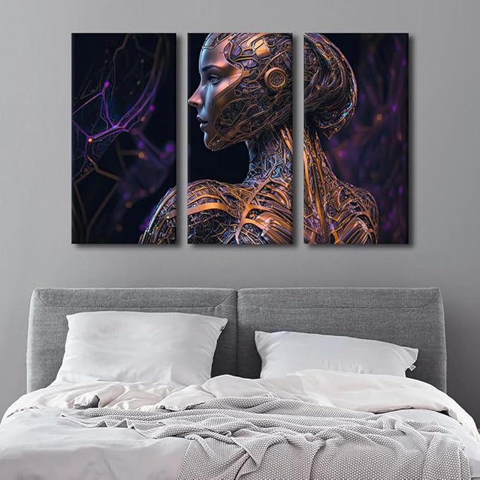 TUMOVO 3 Panel Large Wall Art Artificial Intelligence Cyborg Art Picture Poster for Home Office Wall Decorations, Giclee Modern Artwork Wooden Framed Ready to Hang, 60" Wx40 H