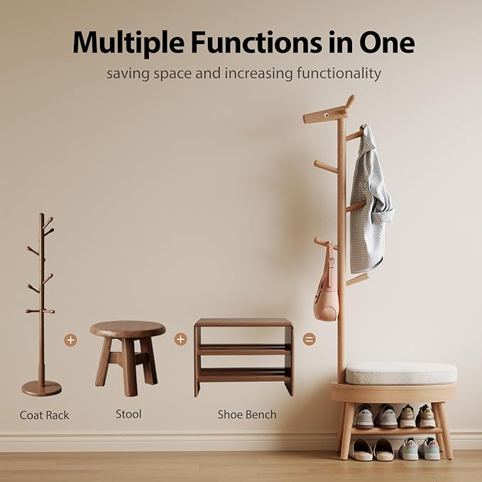 AQIMUELE Shoe Bench Entryway,Coat Rack with Shoe Storage, Coat Rack and Shoe Rack, Wooden Narrow Shoe Bench（Natural）