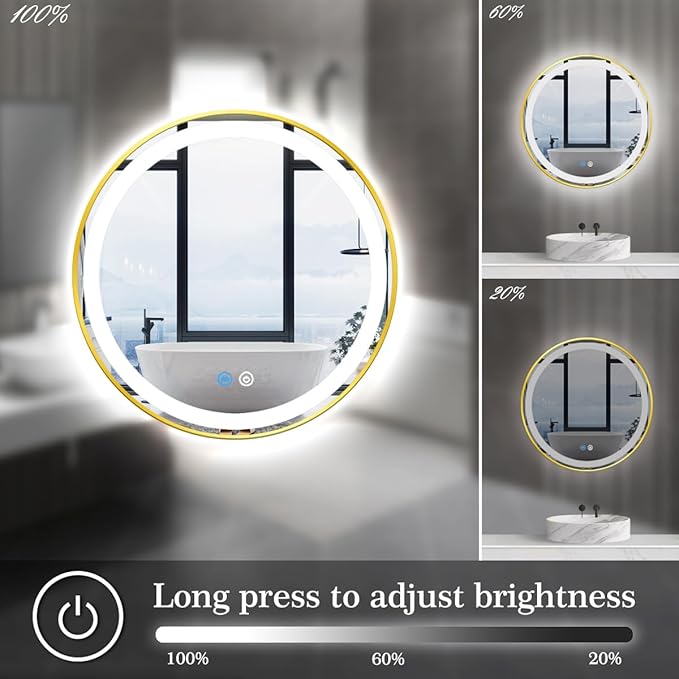 20 Inch Gold Frame LED Round Mirror with Lights Smart Memory 3 Color Dimmable Anti-Fog Gold Framed Round Lighted Mirrors for Bathroom Wall Makeup Golden Circle Round Vanity Mirror with Light
