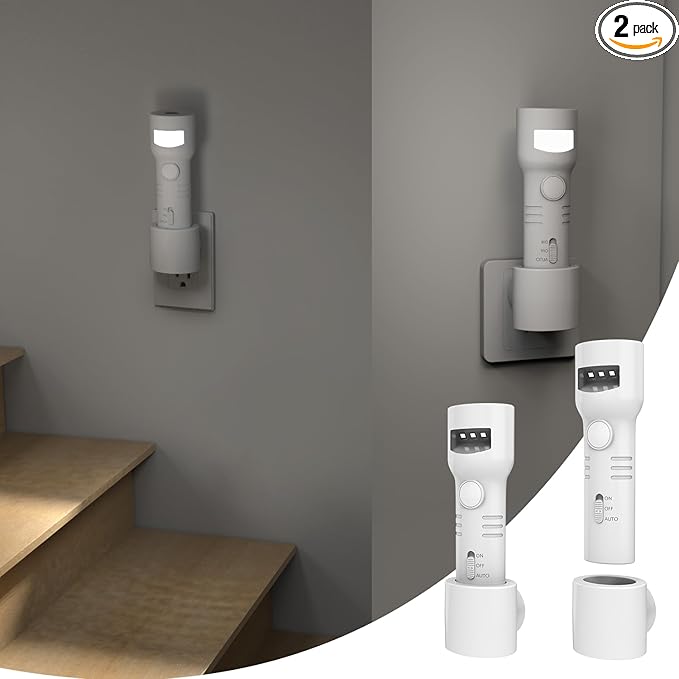 Motion Sensor Night Light, 4 in 1 LED Rechargeable Plug in Flashlight & Nightlight, Emergency Power Failure Light for Bedroom, Hotel Hallways, Hurricane (2 Pack)